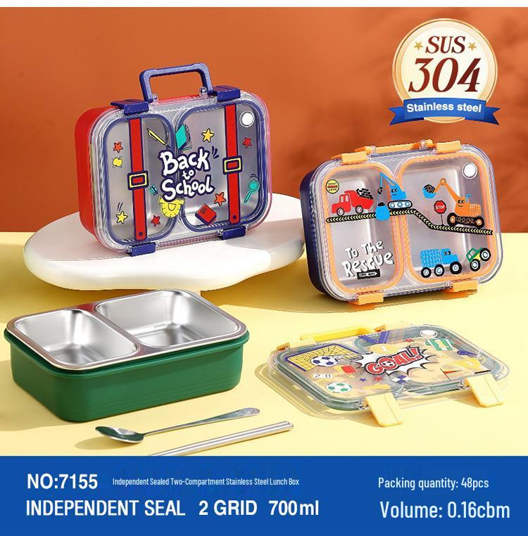 304 Stainless Steel Insulated Lunch Box with Handle - Cartoon Style, Three Compartments, Sealed Bento Box for Students and Work Meals.