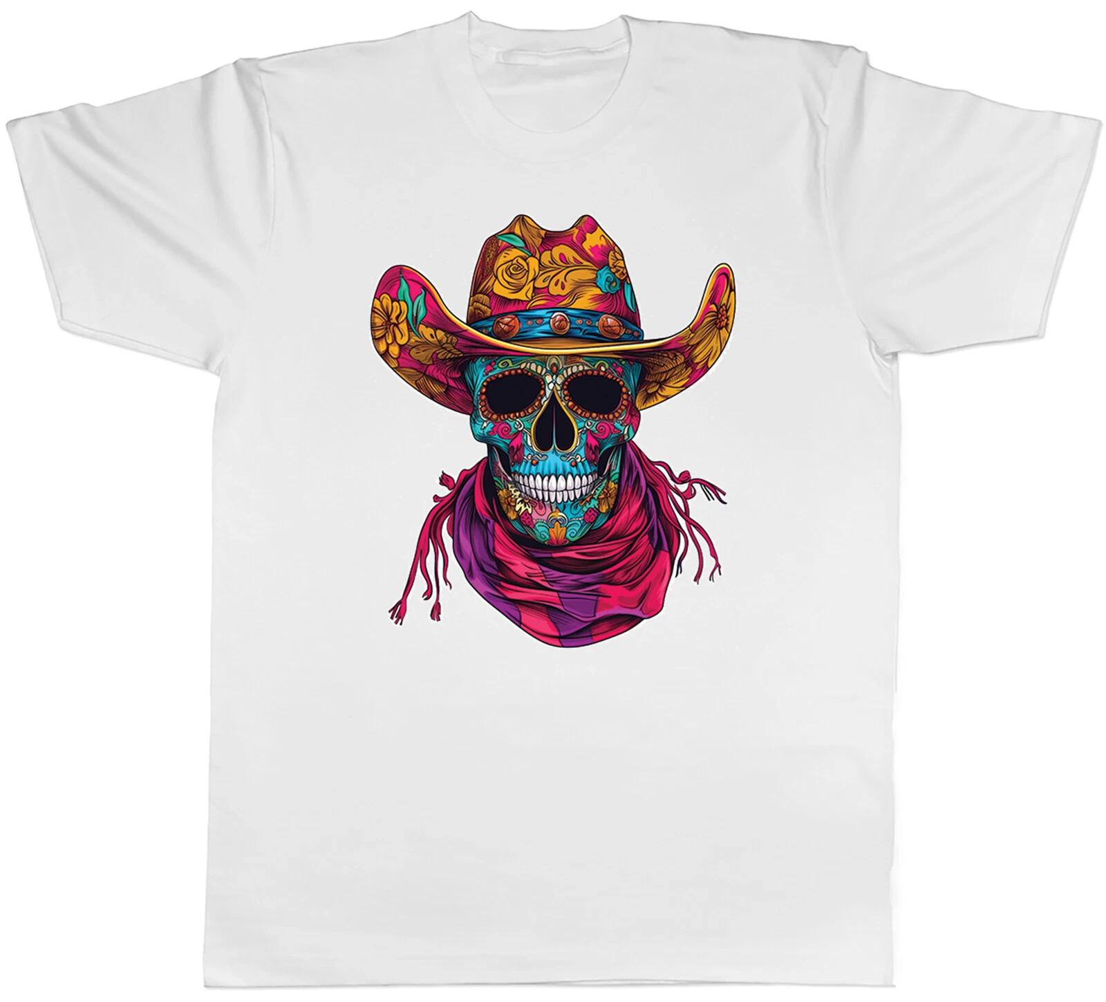Mexican Sugar Skull Mens T-Shirt Cowboy Hat with Scarf Tee Gift XS