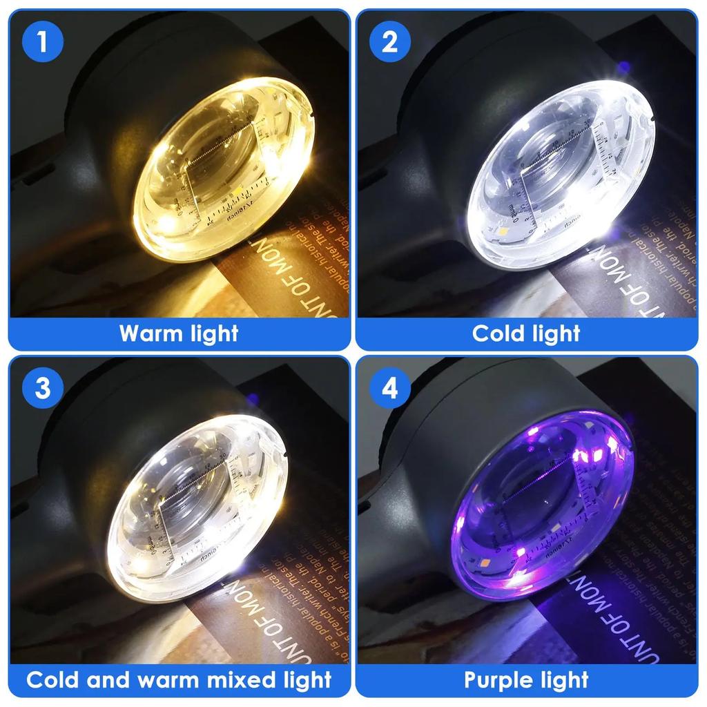 Rechargeable 30X Handheld Magnifying Glass with LED Lights Illuminated  Magnifier 4 Light Modes Scale Jewelry Loupe for Seniors