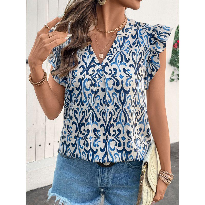 Summer Bohemia Style Short Sleeve Pullover Shirt Women 2025 Fashion Loose Pullover V-neck Ruffle Sleeve Top Women