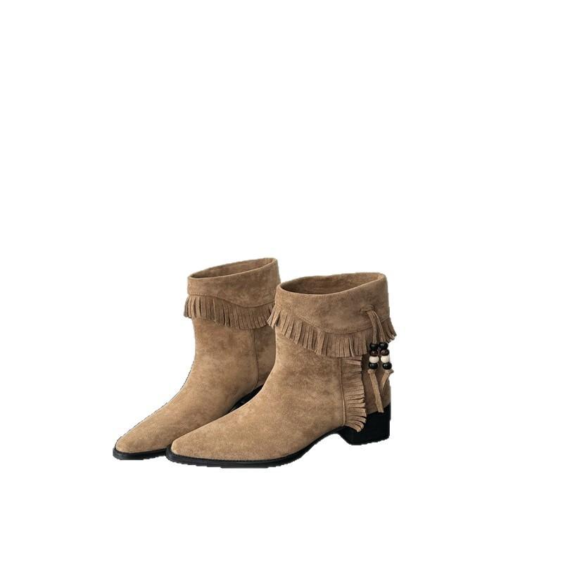 2025 new retro pointed western cowboy boots women's autumn thick heel short tube thin Martin boots women