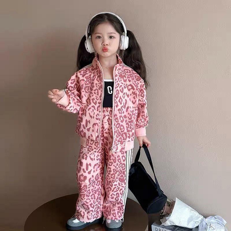 

Весенне-осенний костюм для девочек, детский, с леопардовым принтом, пальто + брюки, комплекты, удобная милая детская одежда, детская одежда, спортивная одежда, комплект из двух предметов 140 розовый