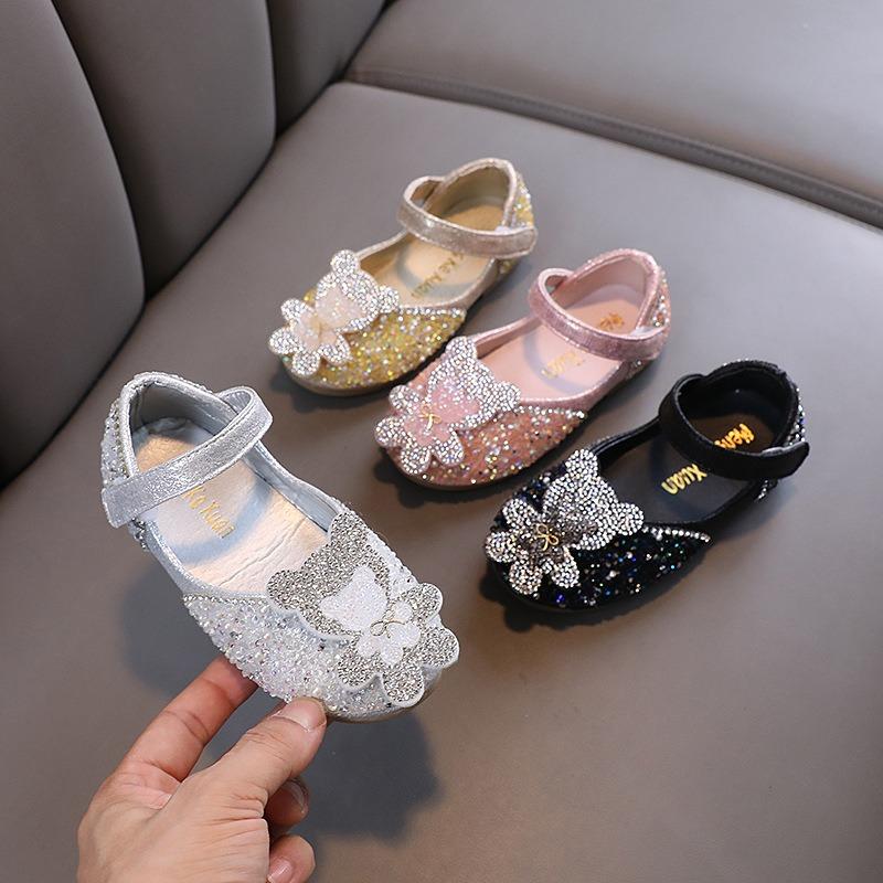 Nuovo stile autunnale da bambina elegante, scarpe basse da principessa con strass per bambine, scarpe in pelle, scarpe per esibizioni di danza