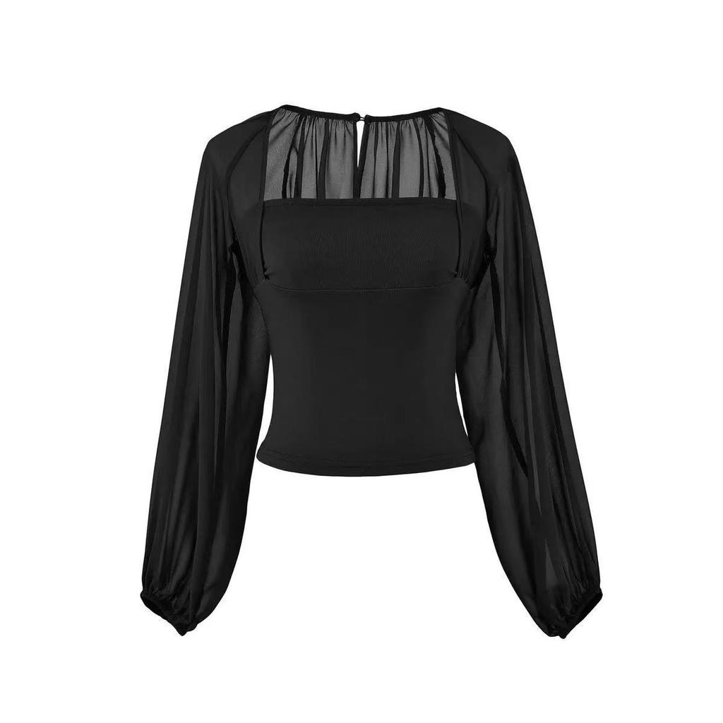 Summer thin perspective splicing mesh sunscreen shirt top women's collar slim tube top flared sleeve Spice girl bottoming shirt