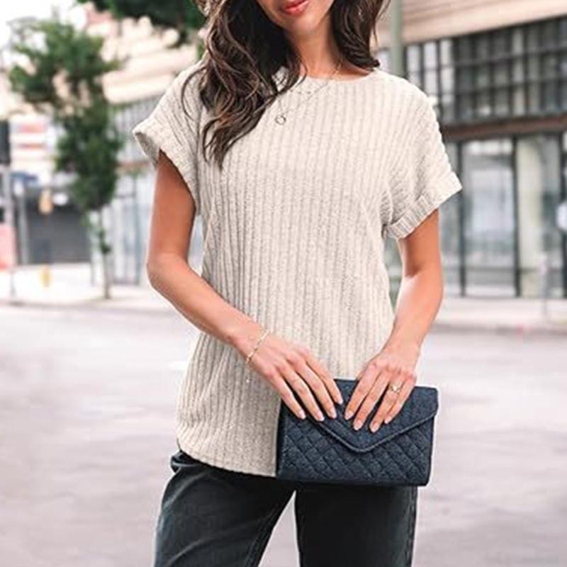 Women's 2025 Short Sleeve Crew Neck T Shirt Casual Loose Ribbed Knit Pullover Sweater Tops Summer Spring Outfits Gifts