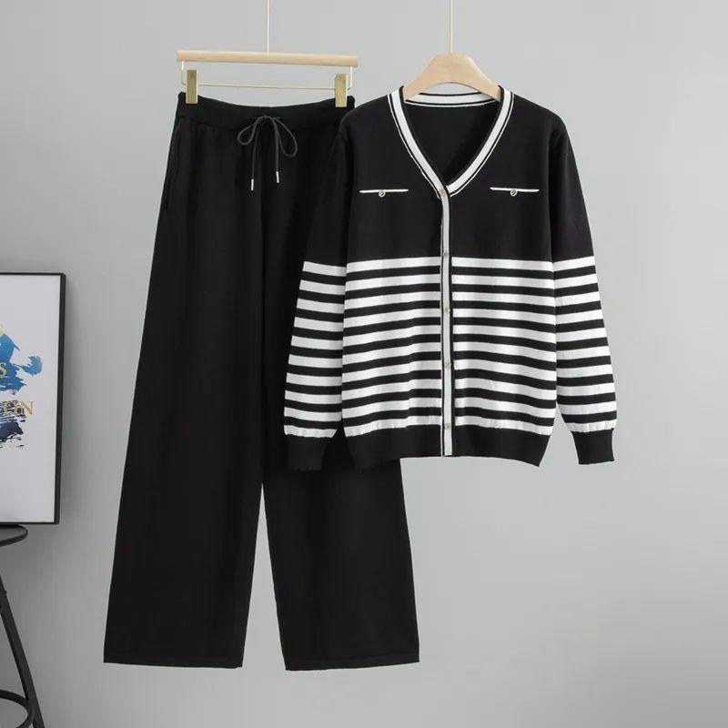 

Cross-Border European Station Knitting Suit Women s Autumn Casual Fashion Stripes Cardigan Outwear Casual Loose Two-Piece Pants Black One size