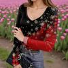 Maglietta Intima da Donna Invernale Slim-Fit alla Moda con Stampa Natalizia Scollo a V Pullover Top a Maniche Lunghe