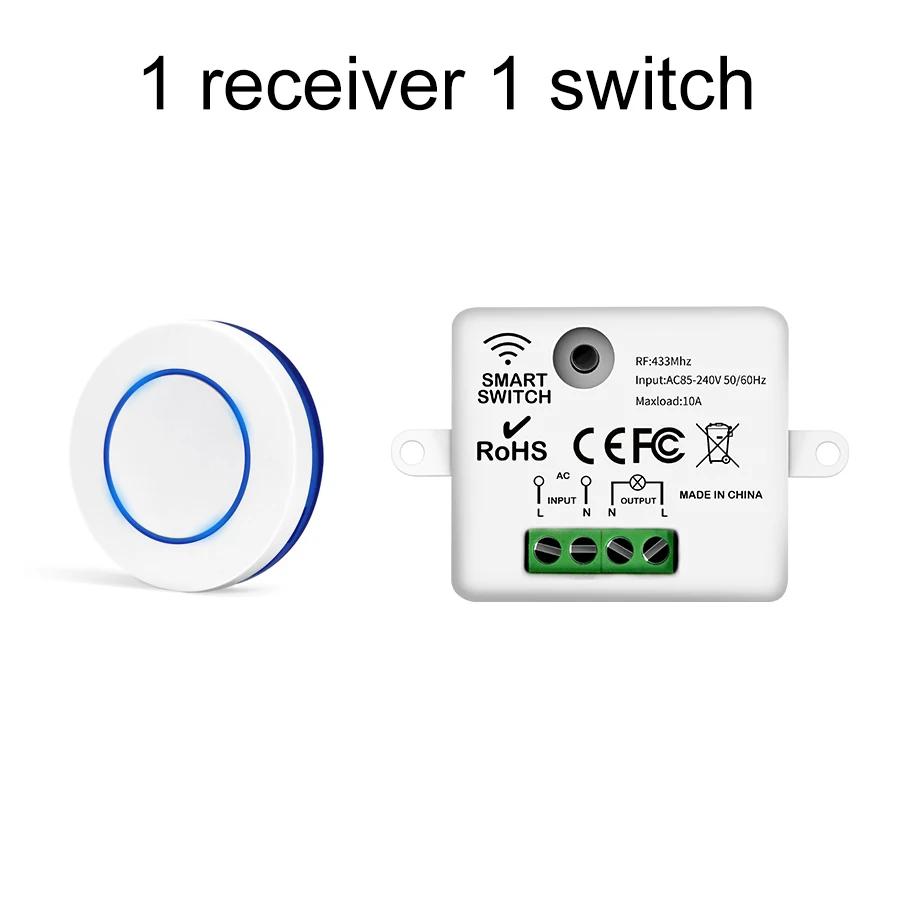 RF 433MHz Wireless Light Switch AC 100-240V Relay Receiver Mini Round Button Switch Remote Control for Home LED Lamp 10A