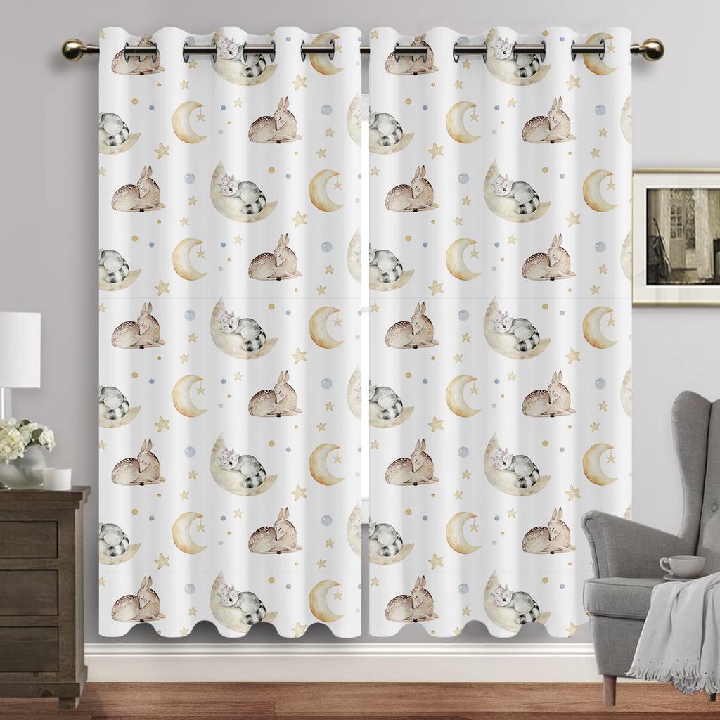 Cartoon Animals Window Curtain Living Room Watercolor Bunny Bear Eyelet Curtains Moon Print New Baby Room Drapes Free Shipping