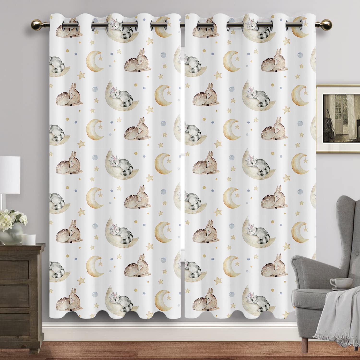

Animated Creatures Window Panel Curtain Living Room Room Watercolor Bunny Bear Eyelet Curtains Moon Print New Baby Room Drapes Free Shipping W60H60(CM)x2pcs&Grommet Top