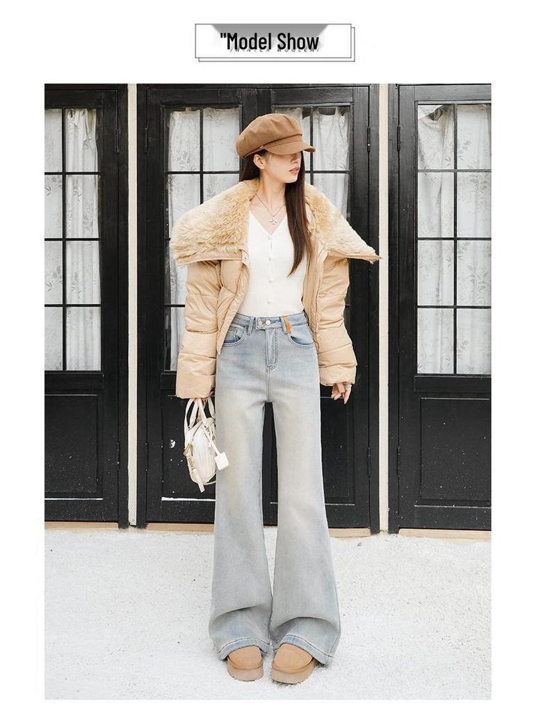 Women's High-Waisted Flared Jeans with Fleece Lining, Winter Collection, Pear-Shaped Fit, Slimming, Small Horse Embroidery, Narrow Flare, Relaxed Fit.