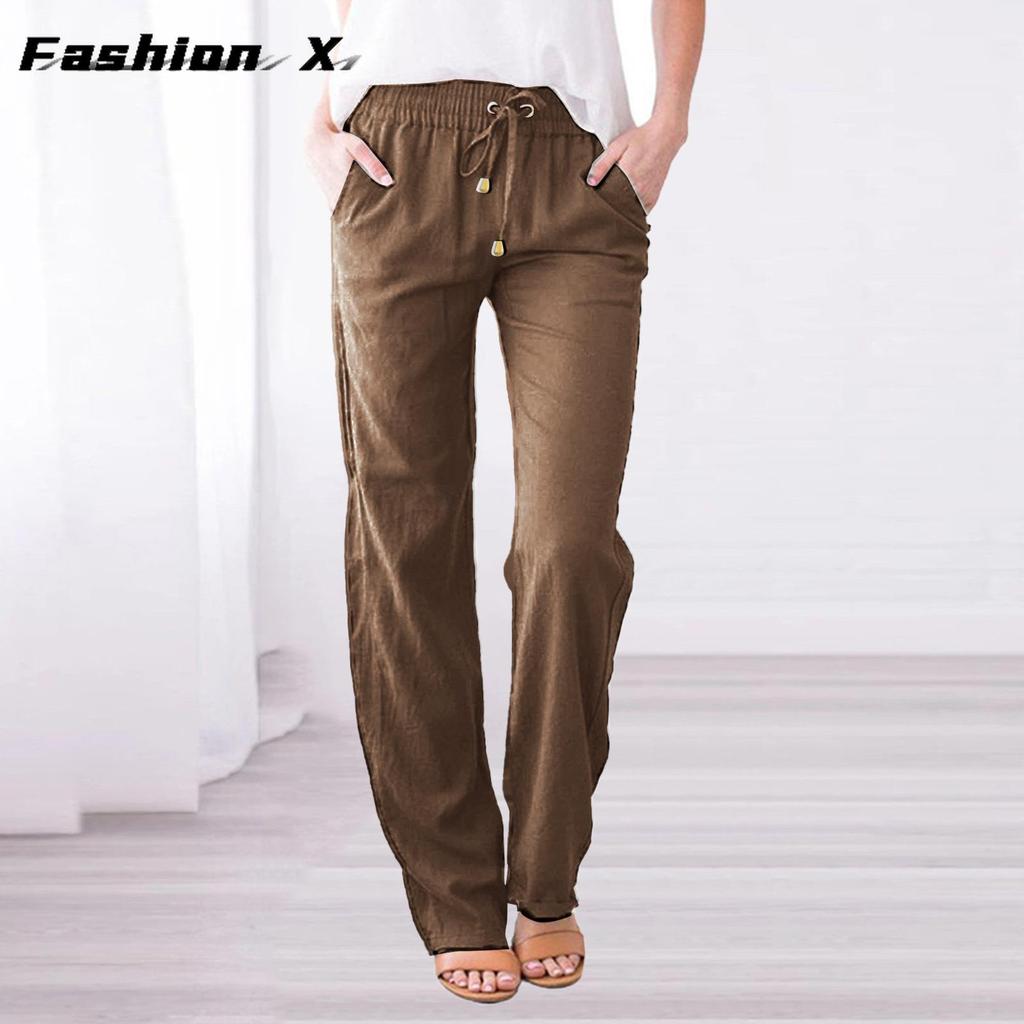 Pantaloni da donna larghi a gamba larga tinta unita cotone lino coulisse pantaloni casual