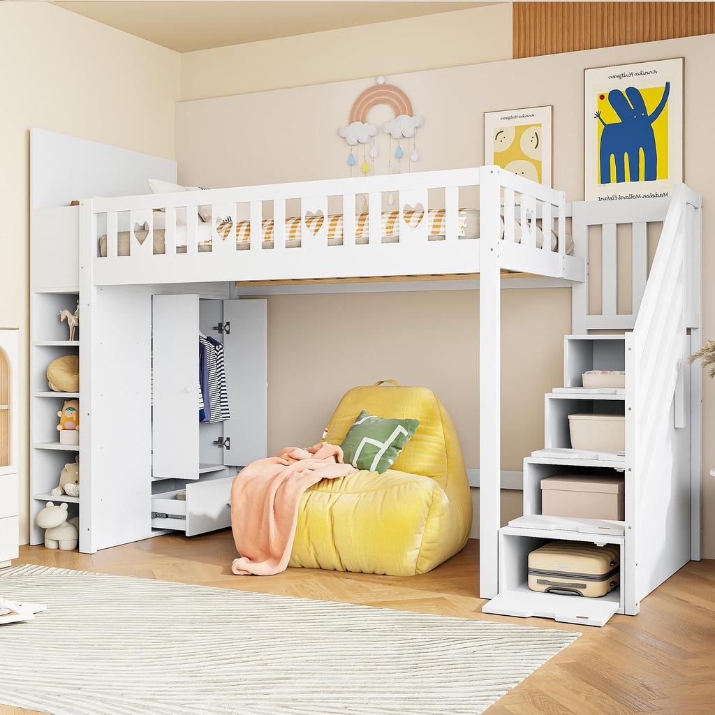 Hochbett 90x200, Kinderbett Ablageleiter, Herz-Geländer, Stauraum, klappbarer Stauschrank/Regale, Weiß (ohne Matratze)