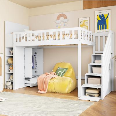 Loft Bed 90x200, Children's Bed Storage Ladder, Heart Railing, Storage Space, Foldable Storage Cabinet/shelves, White (without Mattress)