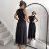 Summer New Style Round-neck Pullover Dress with Net Fabric Patchwork, Long Dress in Solid Color, with Adjustable Straps, Formal Dress for Women