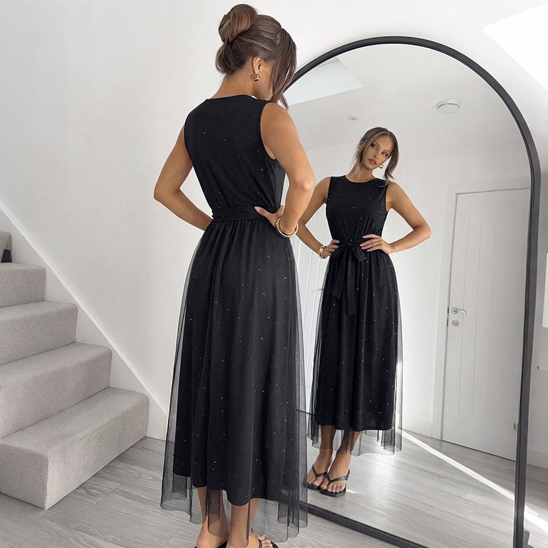 Summer New Style Round-neck Pullover Dress with Net Fabric Patchwork, Long Dress in Solid Color, with Adjustable Straps, Formal Dress for Women