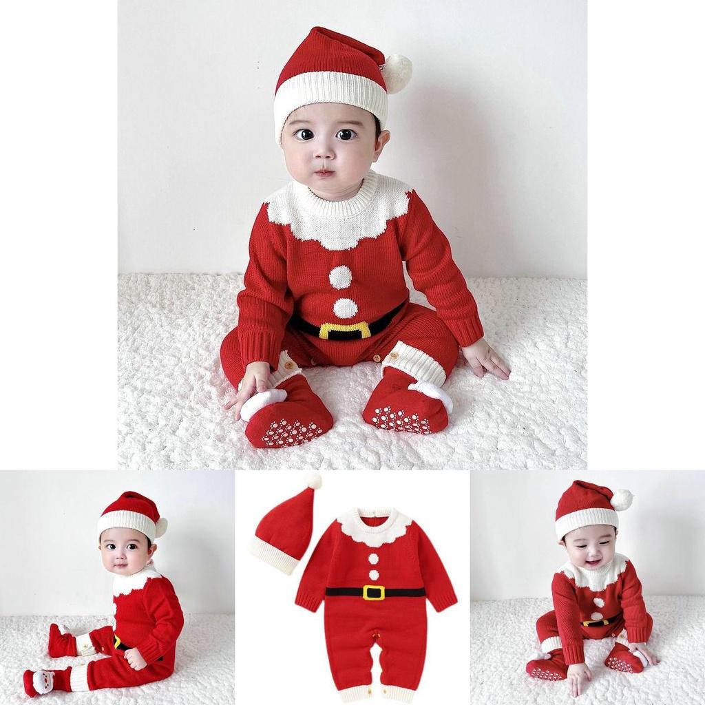 Adorable Christmas Baby Knitted Romper Jumpsuit Outfit W/ Santa Claus Sweater Hat