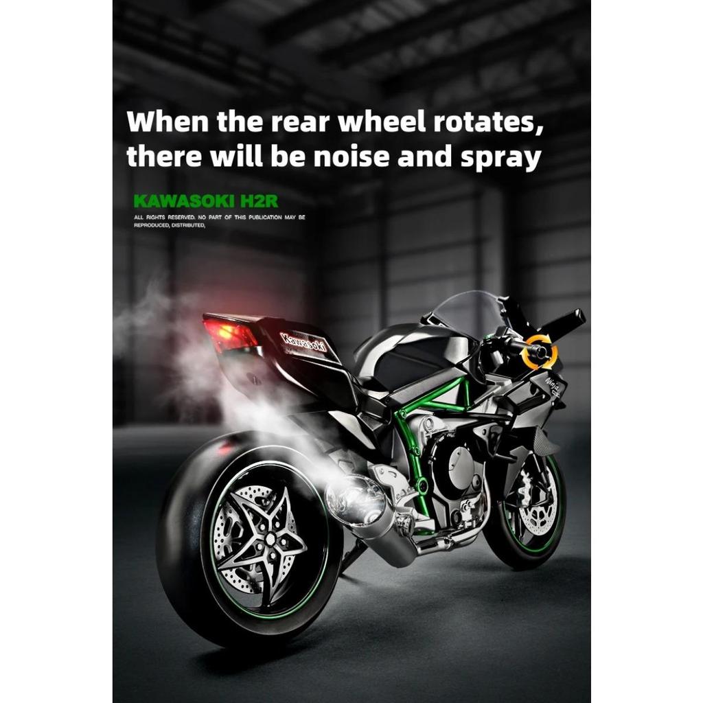 Modellino di Moto da Corsa in Lega Kawasaki H2R 1/9 Diecasts Metallo Modello di Moto da Pista Sportiva Suono e Luci con Spray Giocattoli Regali per Bambini