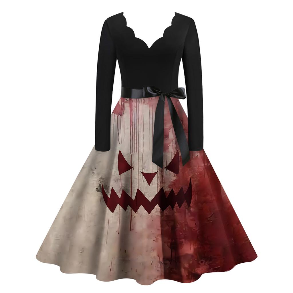 Halloween Women's Casual Fashion V-Neck Printed Vintage Dress