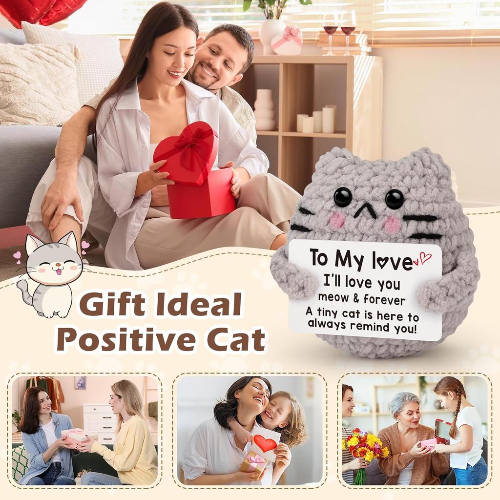 Handmade Knitted Cat Doll With Positive Card Home Room Decoration Funny Crochet Emotional Support Cat Ornament Christmas Gift