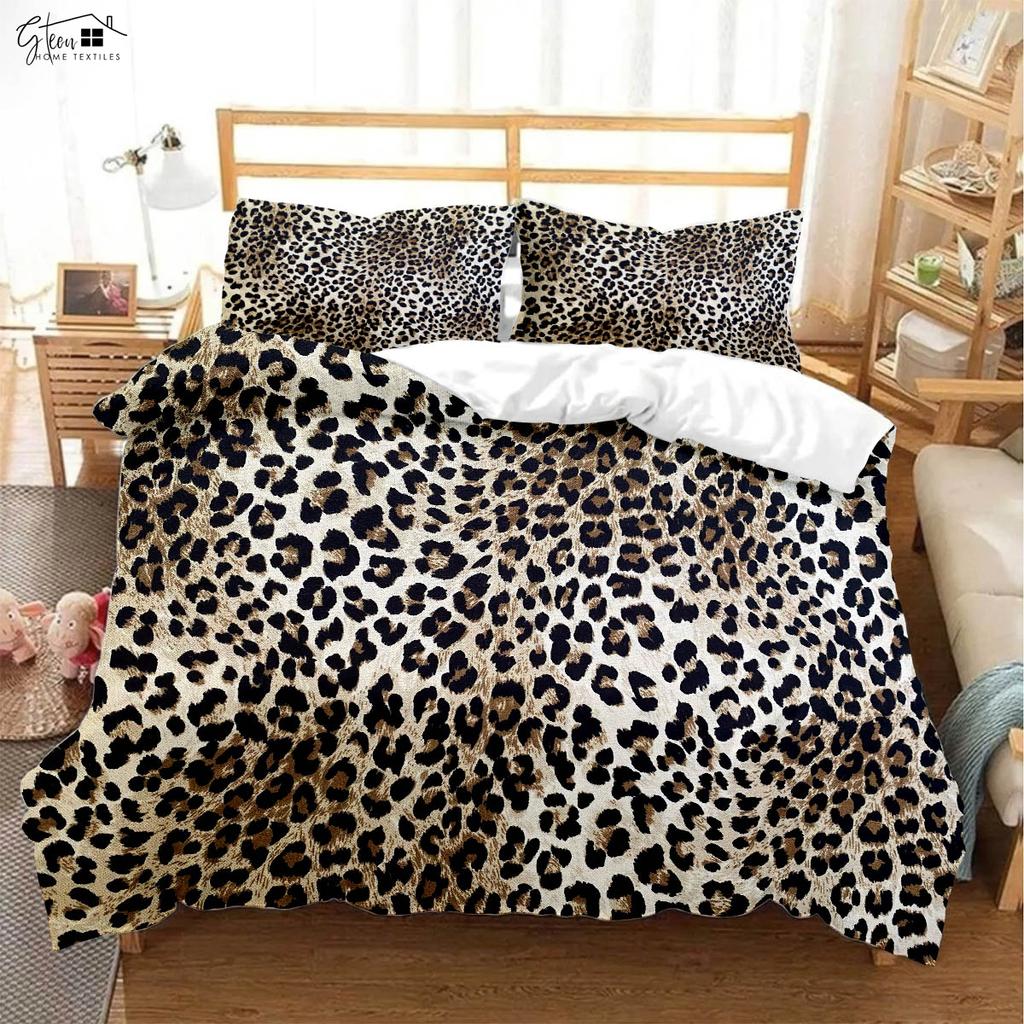 Leopardenmuster Schwarzweiß Kuhmuster Tierfell 3D-Druck Bettbezug Bettwäsche-Set Bettbezug Kissenbezug Dreiteiliges Set