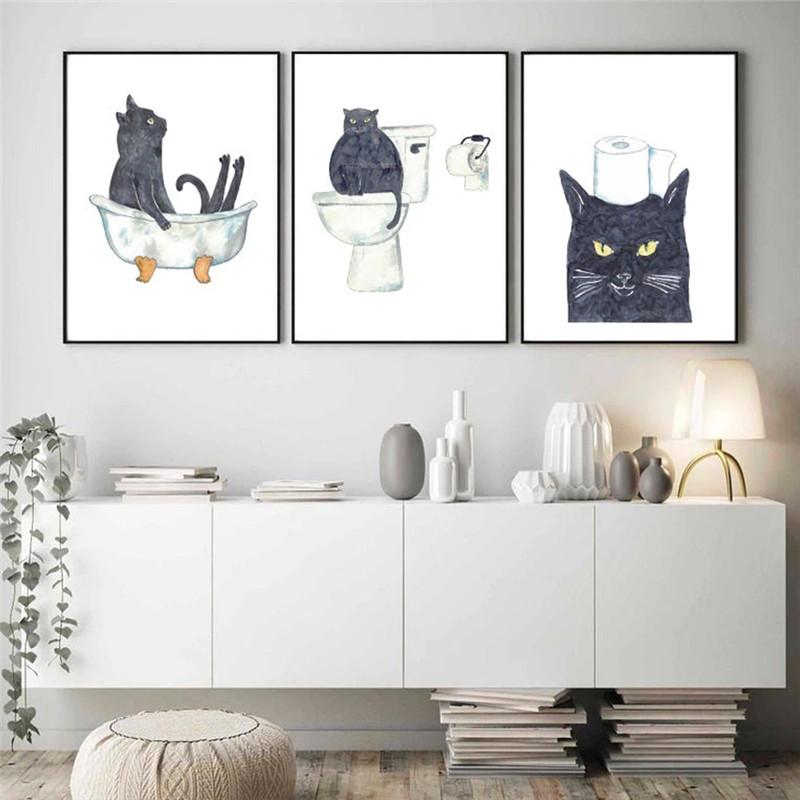 Tableau Drôle Pour Toile Murale – Chat Noir Sur Les Toilettes Lisant Le Journal (Déco Salle De Bain)