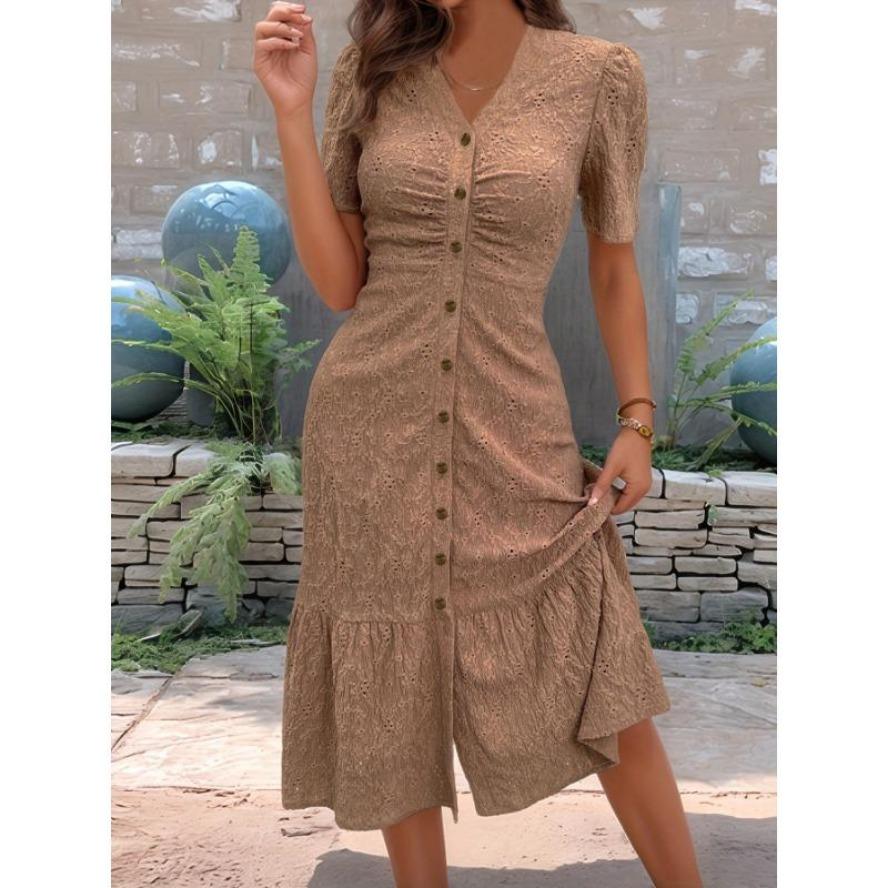 Damenmode Sommer Frühling Einfarbiger Druck Kurzarm V-Ausschnitt Hohe Taille Freizeitkleider