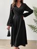 Elegant V-Neck Long Sleeve Lantern Dress - Solid Color Waist-Cinched Mid-Length Skirt for Spring