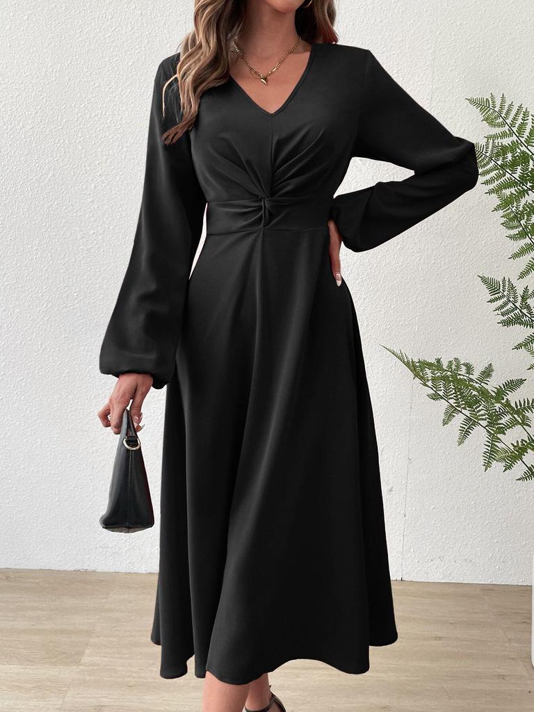 Elegant V-Neck Long Sleeve Lantern Dress - Solid Color Waist-Cinched Mid-Length Skirt for Spring