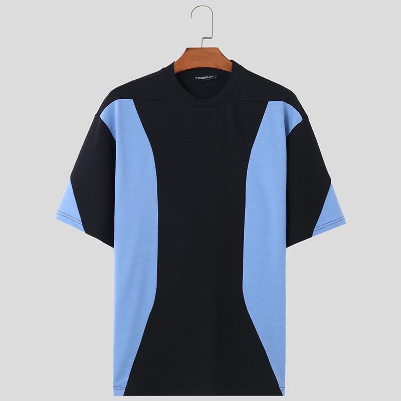 

INCERUN Летние мужские футболки с круглым вырезом и коротким рукавом в полоску, топы с принтом в стиле пэчворк L синий