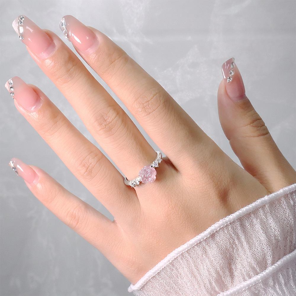 PONYKISS Silver Plating Zircon Rose Camellia Flower Adjustable Rings for Women Romantic Fashion Minimalist Accessories