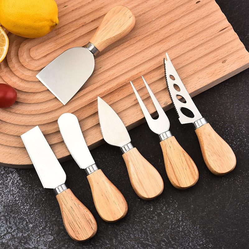 Stainless Steel Cheese Knife & Cutter Set (6 pcs) with Wooden Handles - Includes Butter & Pizza Cutters, Baking Tools