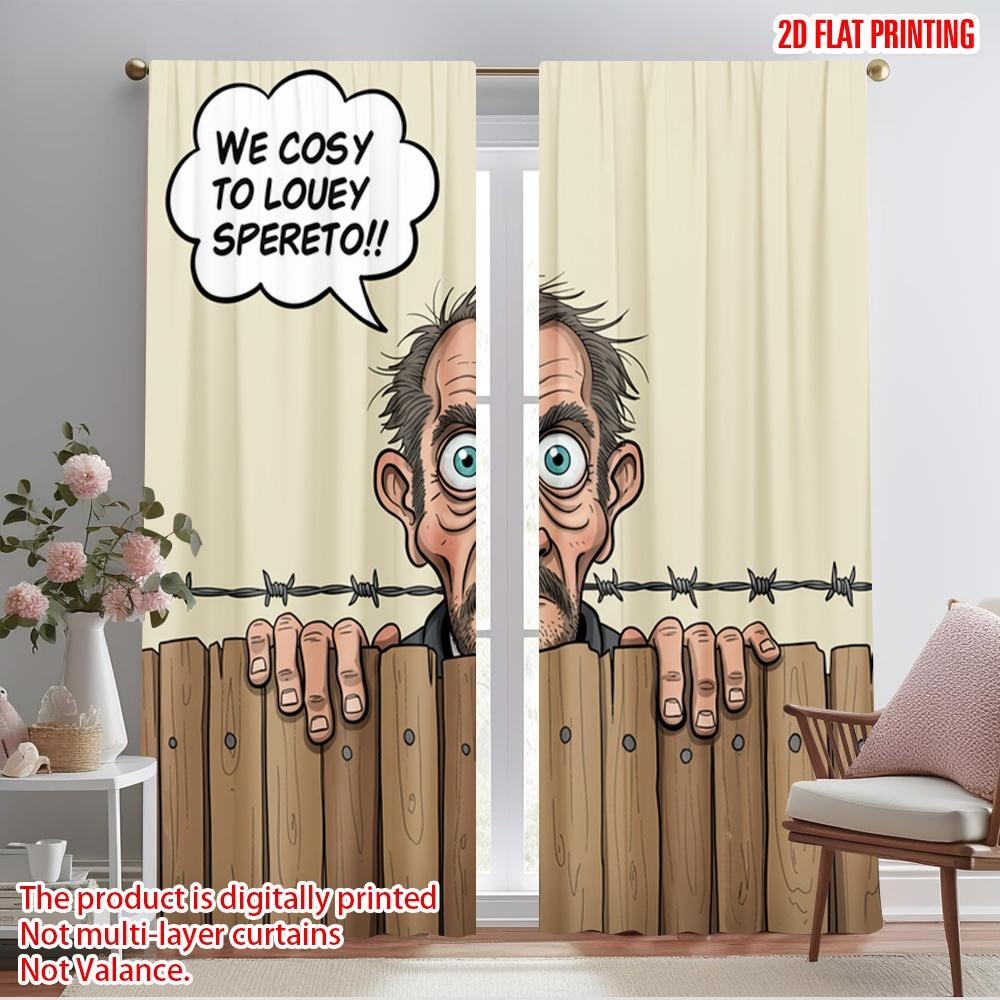 

2pcs 2D flat printing Scene Curtains Man Peeping Over Fence 100% Polyester Fabric Without Electricity 0 Use for Holiday Parties 52.50×116.00 CM 2pcs