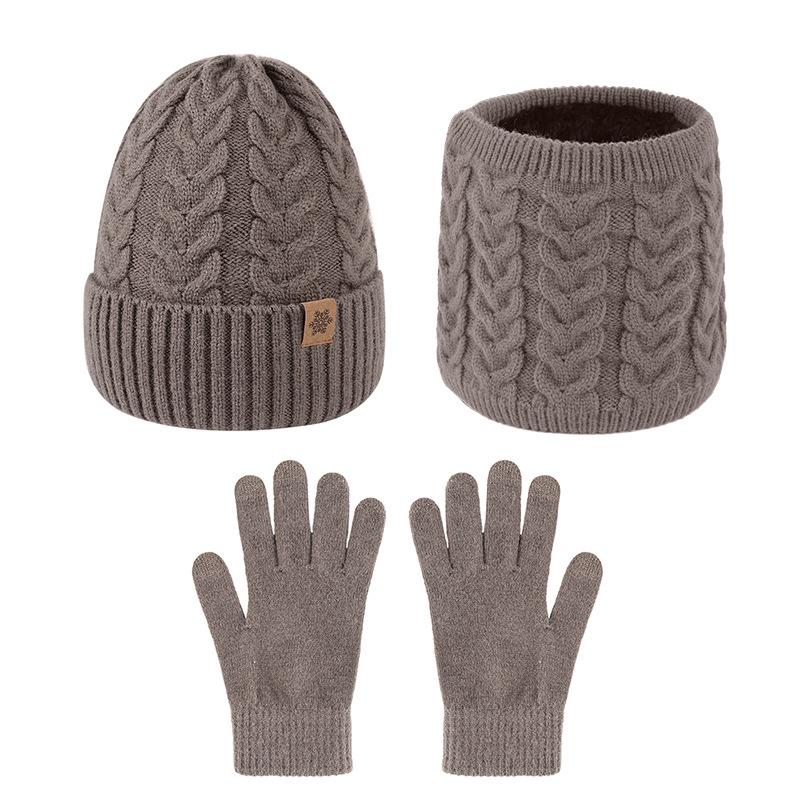 Winter men's knitted hat, fleece, cold-proof wool, warm outdoor hat, scarf and gloves three-piece set