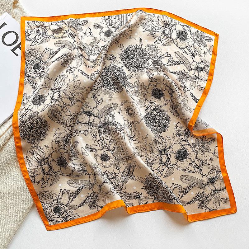 Korean version autumn and winter new printed silk small square scarf women's silk scarf decorative scarf warm scarf mulberry silk