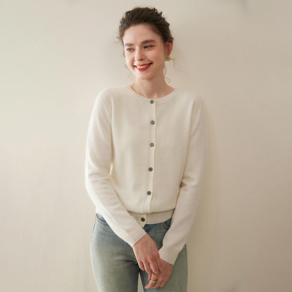 2026 Spring/Autumn Women's Baby Cashmere Round Neck Loose Knit Cardigan Sweater