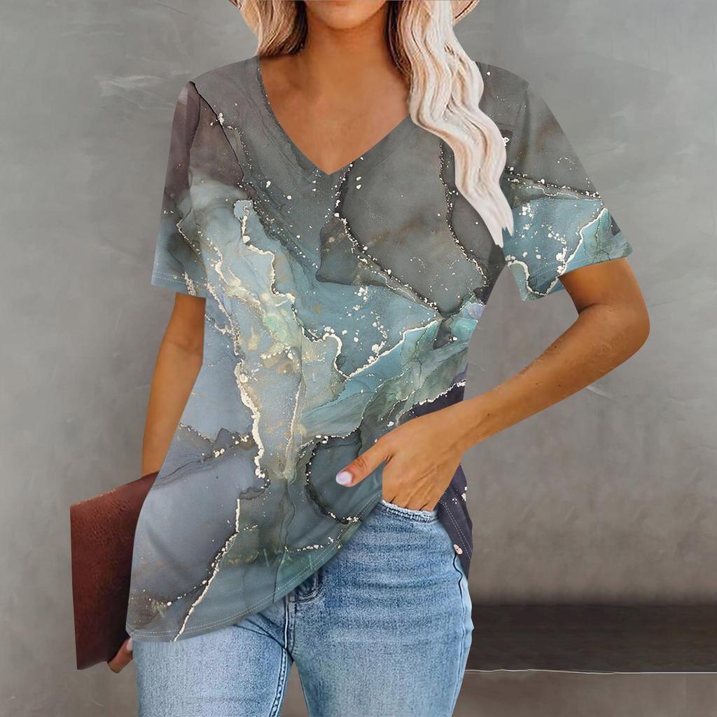 Women's Fashion V-Neck Classic Loose Big Barite 3D Print Casual Short Sleeve T-Shirt