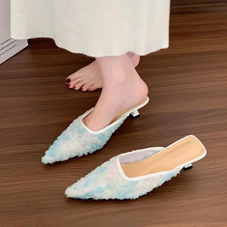 Fashion Embroidery Woman's Cotton Fabric Mules Slippers Luxury Fashion Elegant Pointed Toe Slides Shoes Ladies Dress Flats Sandalias