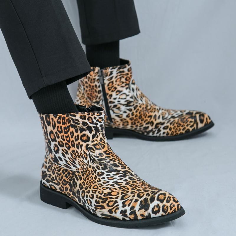 Men’s Leopard Print Boots Dress Formal Leather Boots Pointed Toe Shoes Tuxedo Wedding Shoes Plus Size