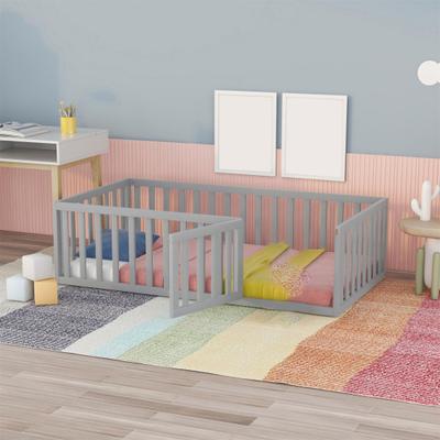 Crib, Children Bed 90 X 200cm, Ergonomic Design Baby Cot, Wooden Base Bed Frame with Fence And Door, Grey
