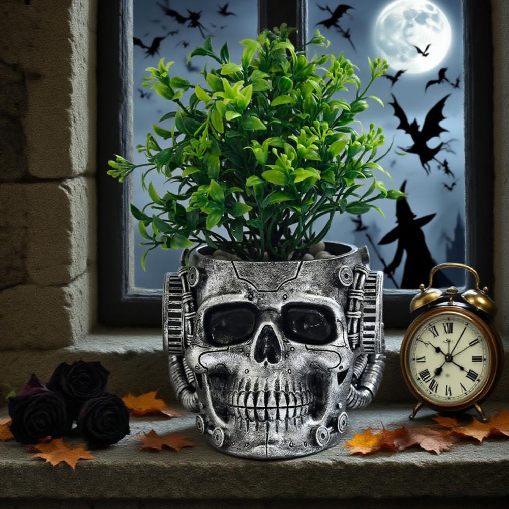 Decorazione per la Casa Fioriera a Forma di Teschio in Resina con Foro di Drenaggio per Decorazione Ufficio a Casa Steampunk Teschio Vaso da Fiori Giorno dei Morti Halloween Pianta