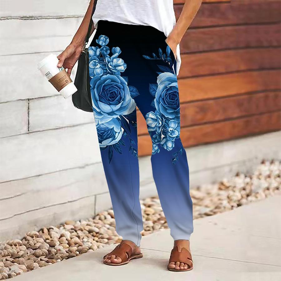 Women Flower Printing Pants Lace Up Elastic Waist Loose  Trousers Casual Long Pants Trousers with Pockets