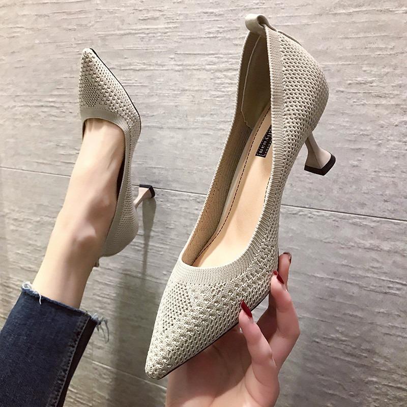 Damen High-Heel Stiletto Einzelne Schuhe Frühling und Herbst Neu Stretch Gestrickt Flach Vier-Jahreszeiten Schuhe