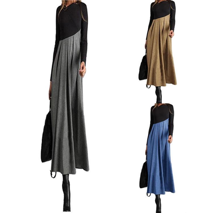 

2023 Fall/Winter Color-Block Asymmetrical Wool Midi Dress with V-Neck XXL синий