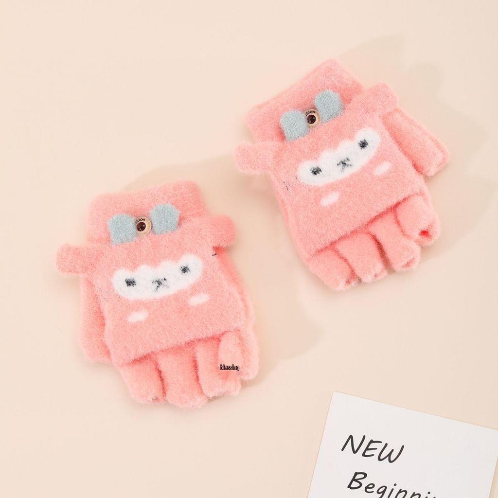 New Little Sheep Cartoon Kids Convertible Warm Wool Gloves - Half-Finger Design, Thick and Cozy for Children