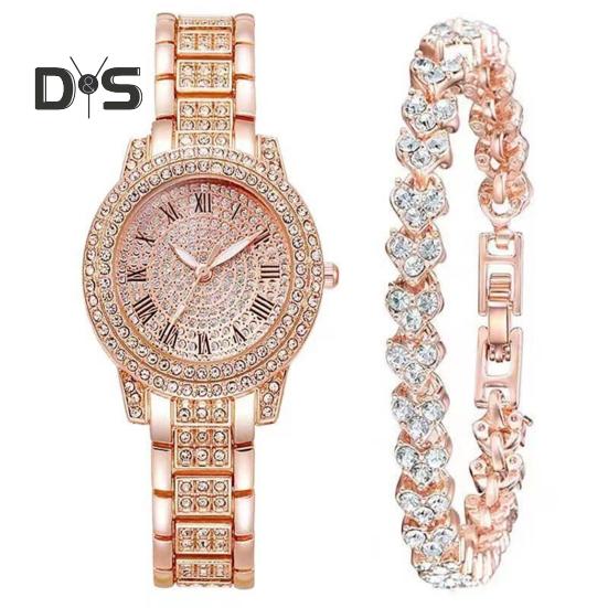 2 Teile/satz Frauen Quart Uhr Glänzende Strass Kreisförmigen Zifferblatt Hohe Präzision Uhrwerk Armbanduhr mit Armband