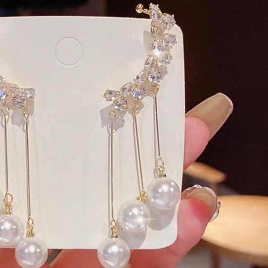 1 Pair Lady Dangle Earrings Imitation Pearl Rhinestone Durable Flower Tassel Luxury Drop Earrings