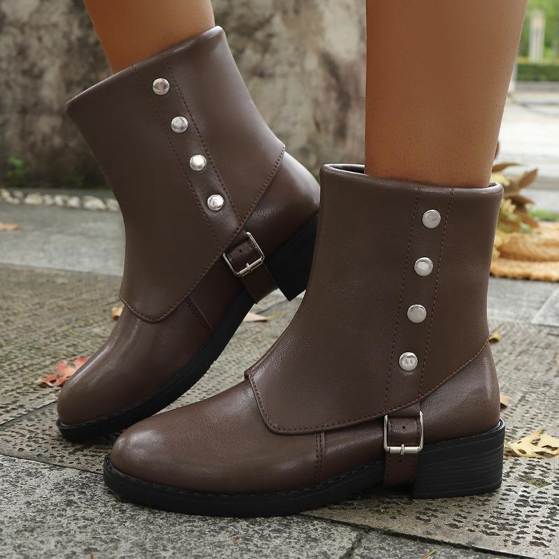 Women's Wide Width Medieval Style Boots, Slip-On Chunky Heel Mid-Calf Boots, Vintage Literary Fashion Booties for Women
