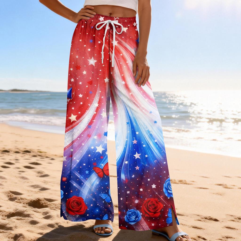 Dámské letní boho palazzo kalhoty s vysokým pasem a širokými nohavicemi, tisk, ležérní kalhoty s kapsami