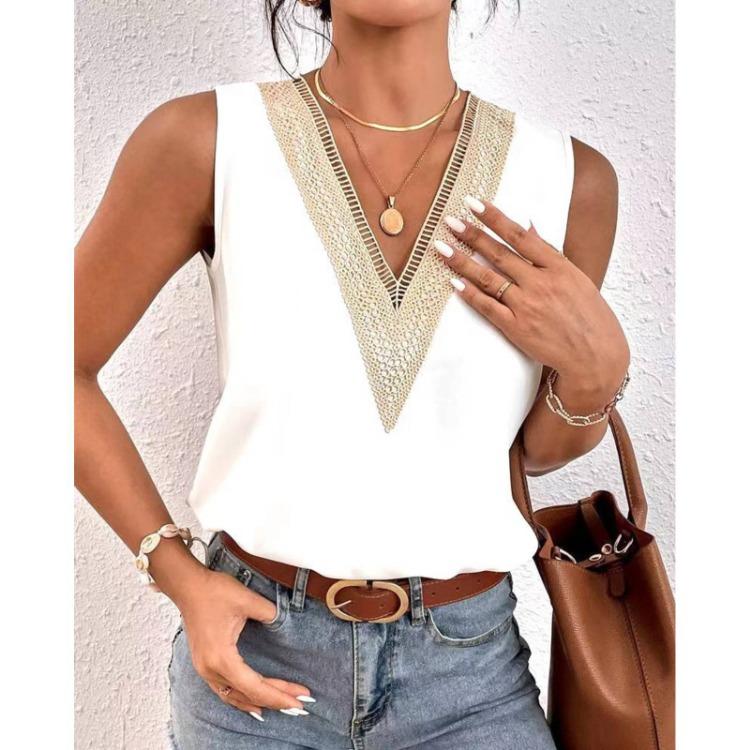 Damen Einfaches Ärmelloses V-Ausschnitt Sommerhemd mit Spitzennähten Neu